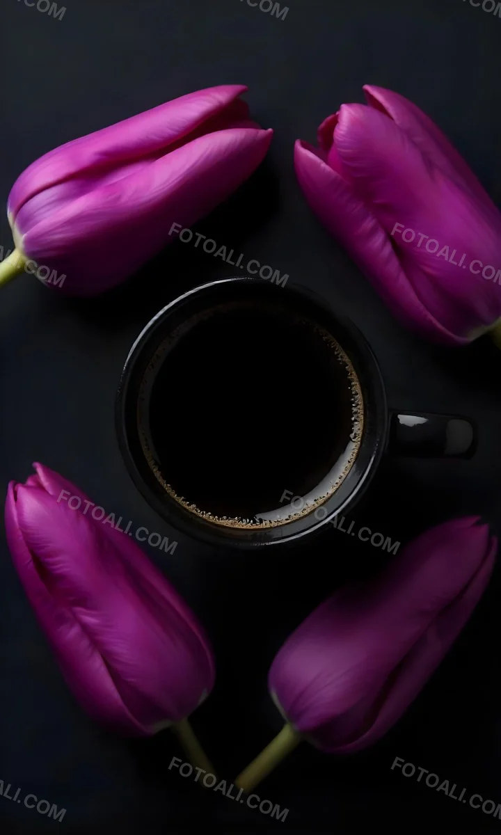 A Black Cup Of Black Coffee Surrounded By Purple Tulips On A Black Background 30 8426