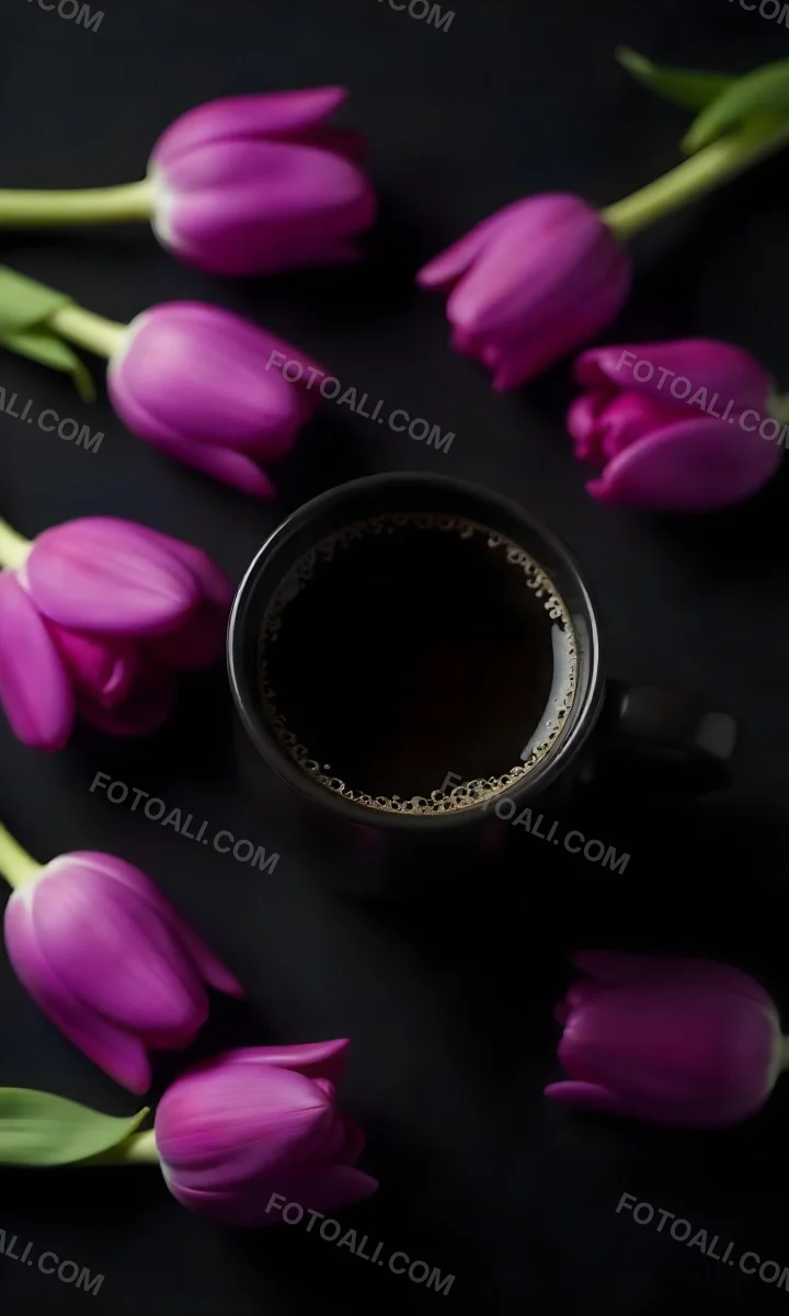 A Black Cup Of Black Coffee Surrounded By Purple Tulips On A Black Background 34 Ab4d