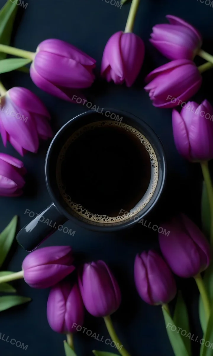 A Black Cup Of Black Coffee Surrounded By Purple Tulips On A Black Background 35 9fb1