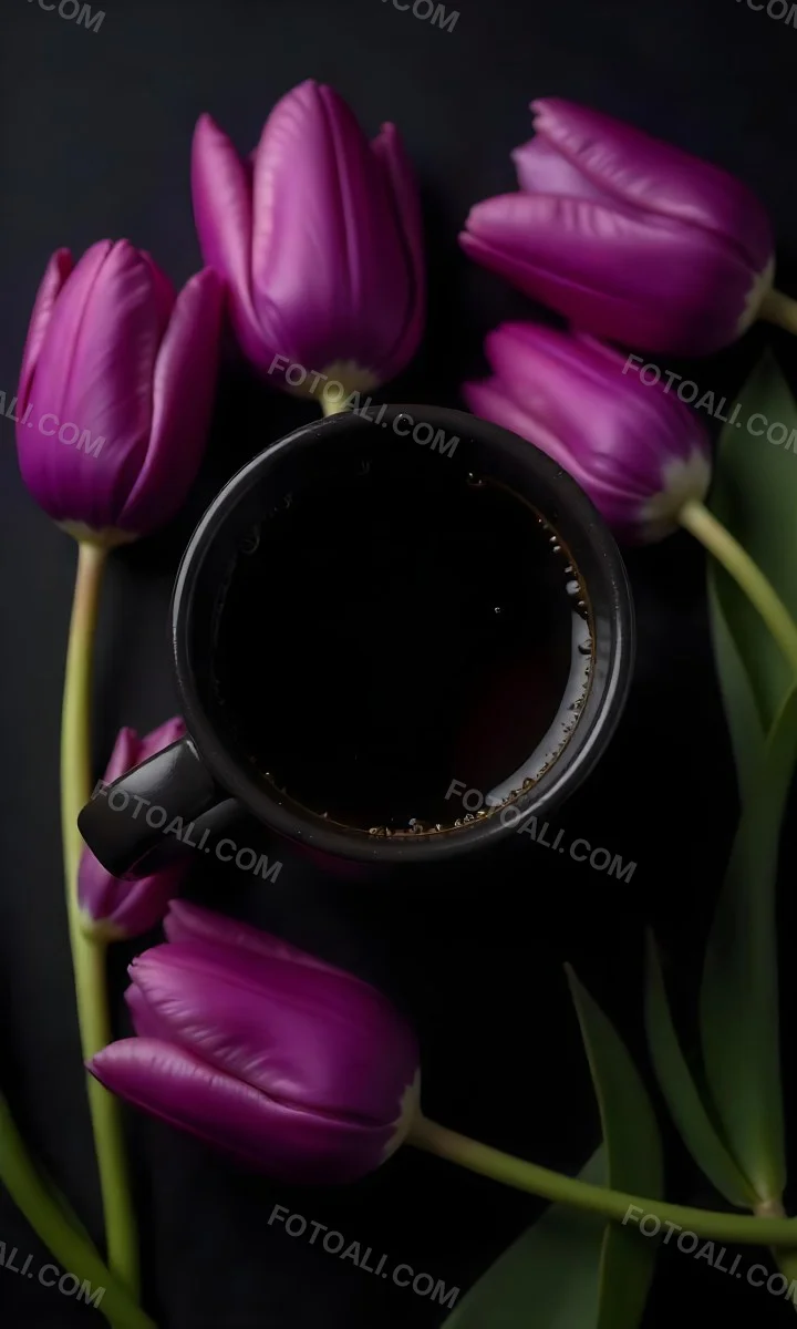 A Black Cup Of Black Coffee Surrounded By Purple Tulips On A Black Background 36 D556