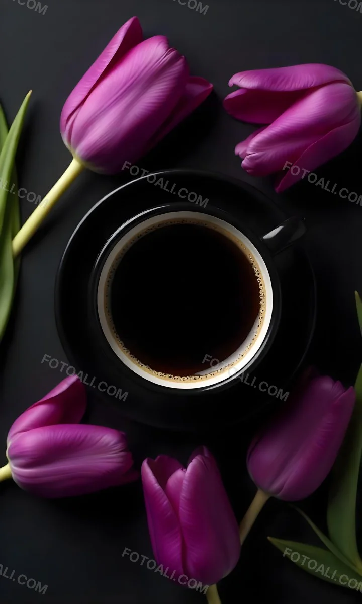 A Black Cup Of Black Coffee Surrounded By Purple Tulips On A Black Background 37 871c