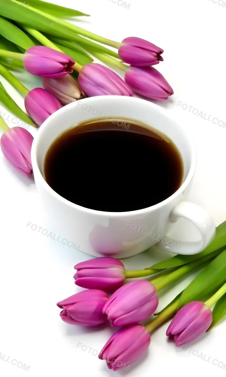 A Black Cup Of Black Coffee Surrounded By Purple Tulips On A Black Background 38 7d39