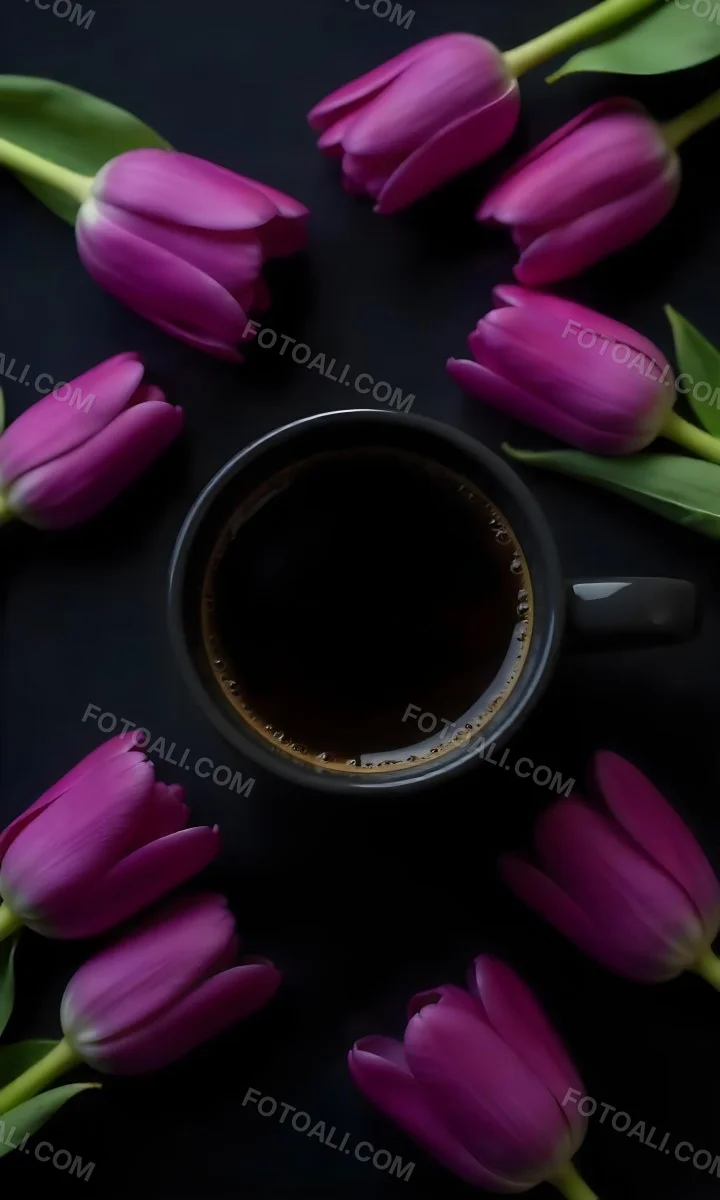 A Black Cup Of Black Coffee Surrounded By Purple Tulips On A Black Background 39 564a