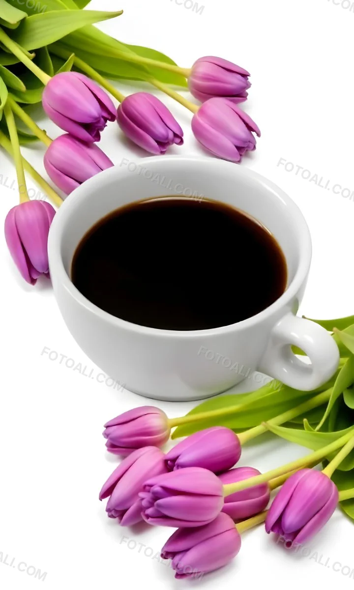 A Black Cup Of Black Coffee Surrounded By Purple Tulips On A Black Background 4 7e06
