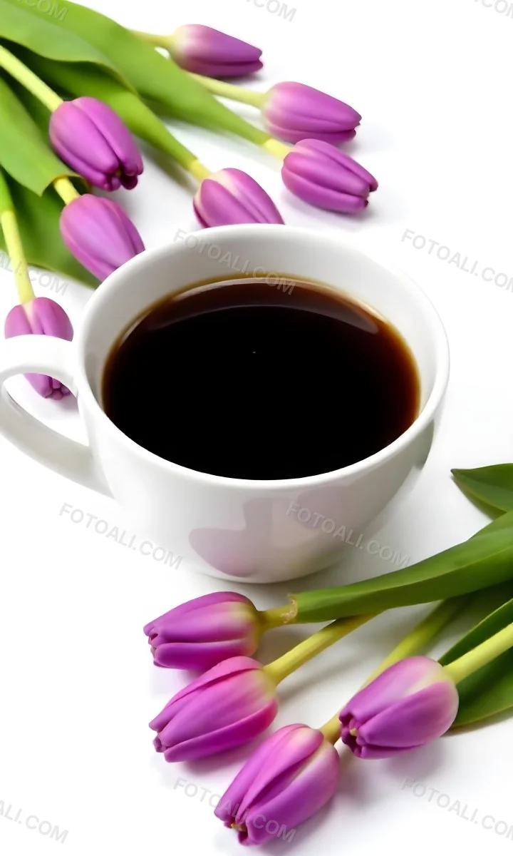 A Black Cup Of Black Coffee Surrounded By Purple Tulips On A Black Background 42 C0ce