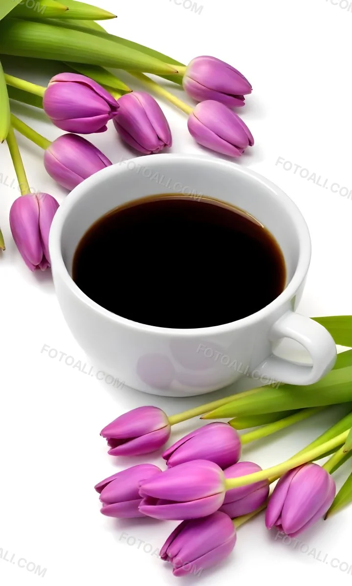 A Black Cup Of Black Coffee Surrounded By Purple Tulips On A Black Background 43 D818