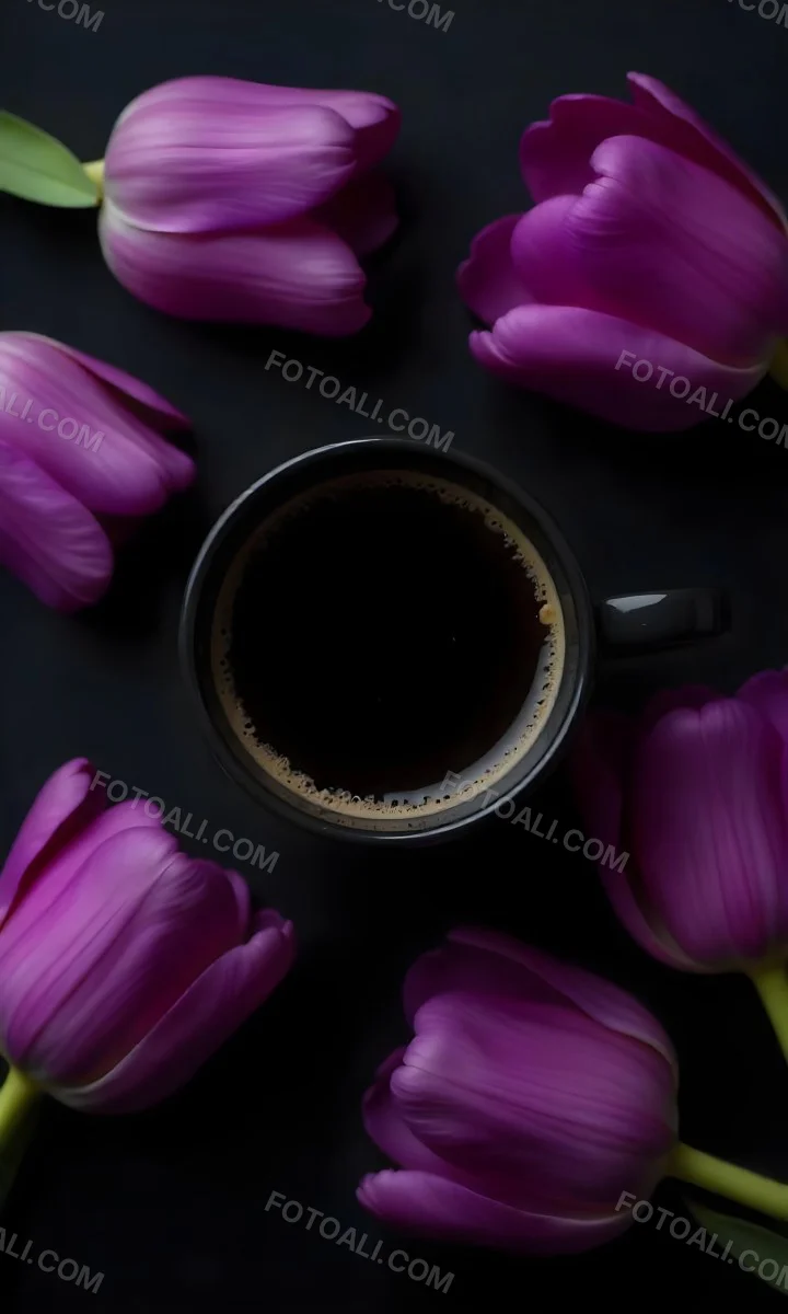 A Black Cup Of Black Coffee Surrounded By Purple Tulips On A Black Background 44 6108