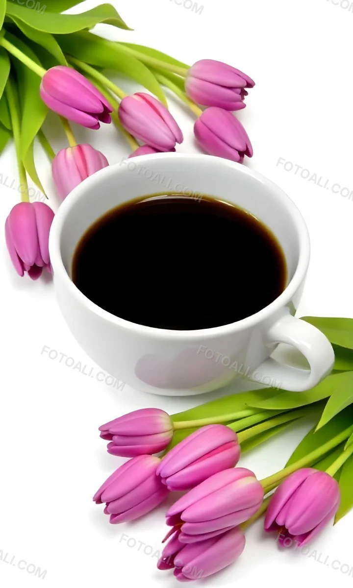 A Black Cup Of Black Coffee Surrounded By Purple Tulips On A Black Background 46 16dc