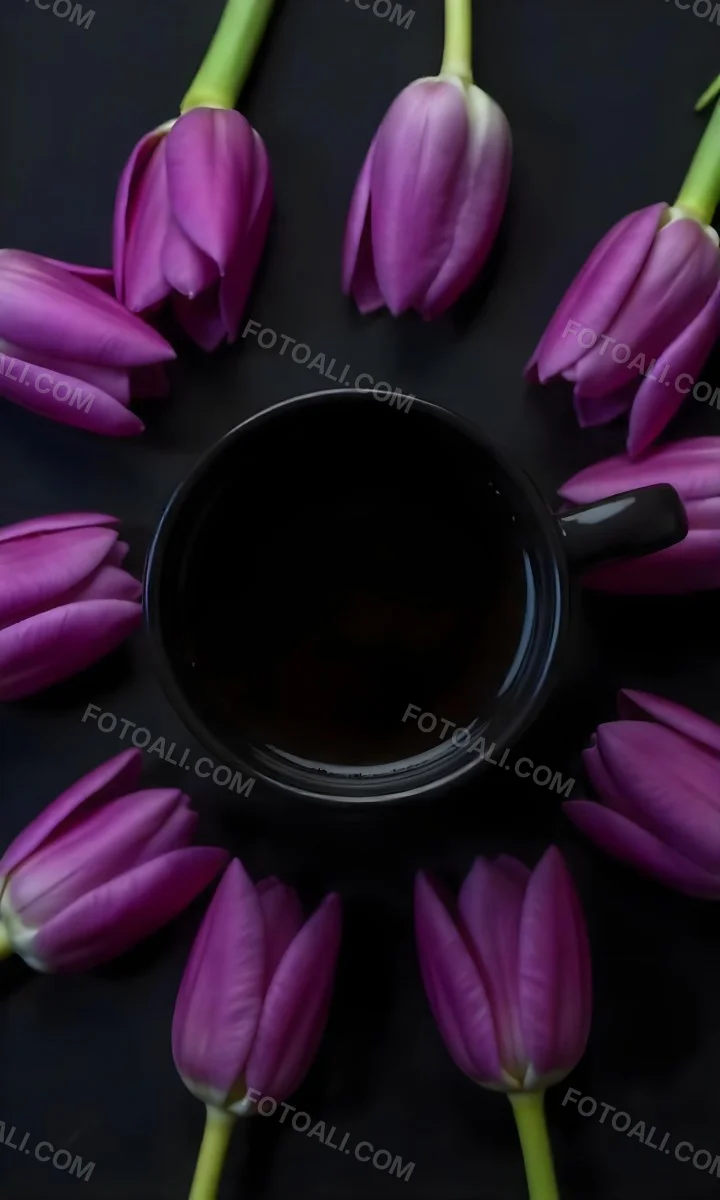 A Black Cup Of Black Coffee Surrounded By Purple Tulips On A Black Background 47 6272