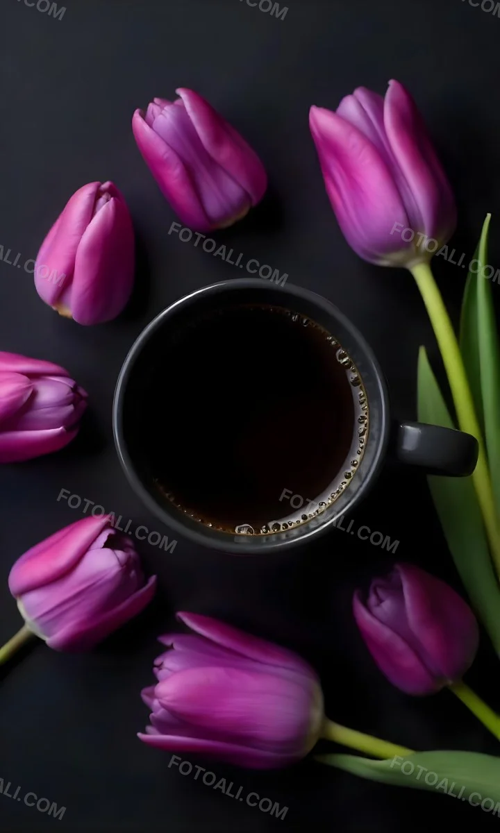 A Black Cup Of Black Coffee Surrounded By Purple Tulips On A Black Background 49 E733
