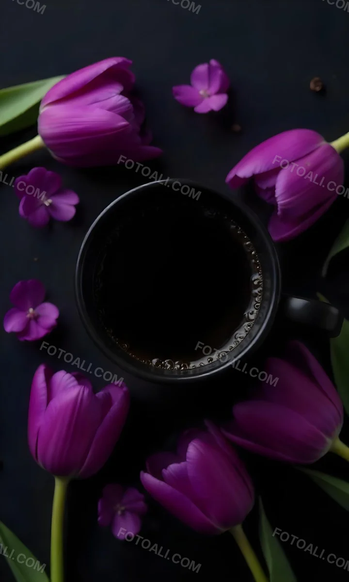 A Black Cup Of Black Coffee Surrounded By Purple Tulips On A Black Background 5 F1fa