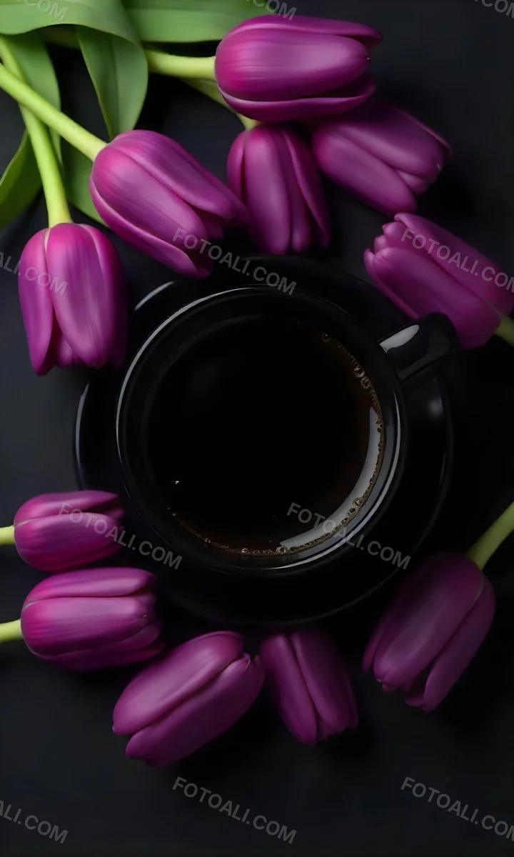 A Black Cup Of Black Coffee Surrounded By Purple Tulips On A Black Background 51 36c3