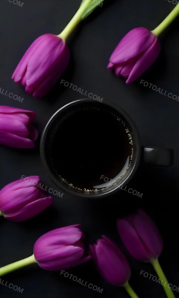 A Black Cup Of Black Coffee Surrounded By Purple Tulips On A Black Background 54 8f15