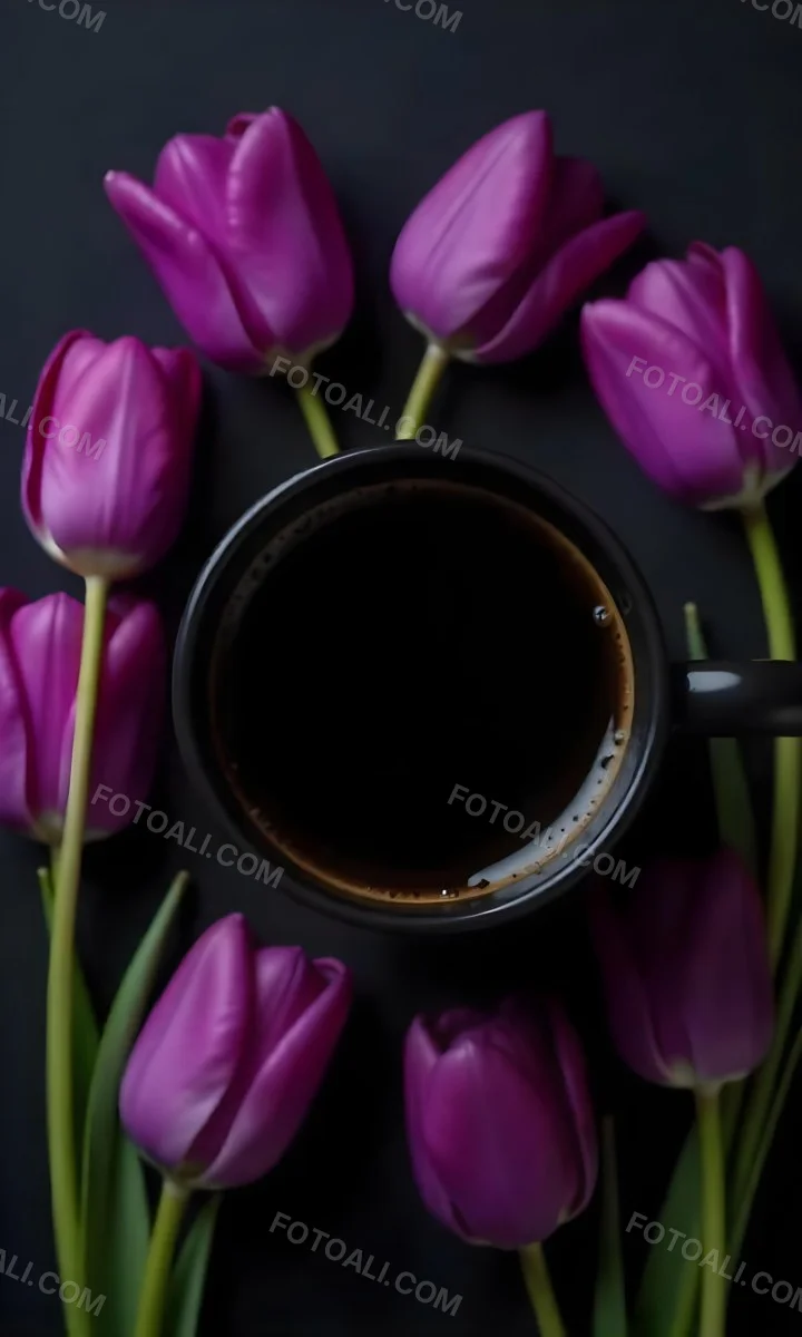 A Black Cup Of Black Coffee Surrounded By Purple Tulips On A Black Background 57 1399