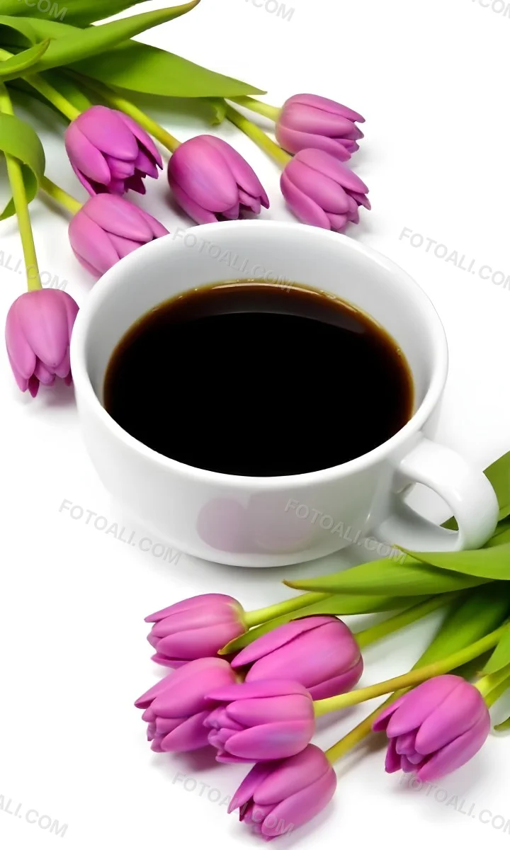 A Black Cup Of Black Coffee Surrounded By Purple Tulips On A Black Background 6 0eae