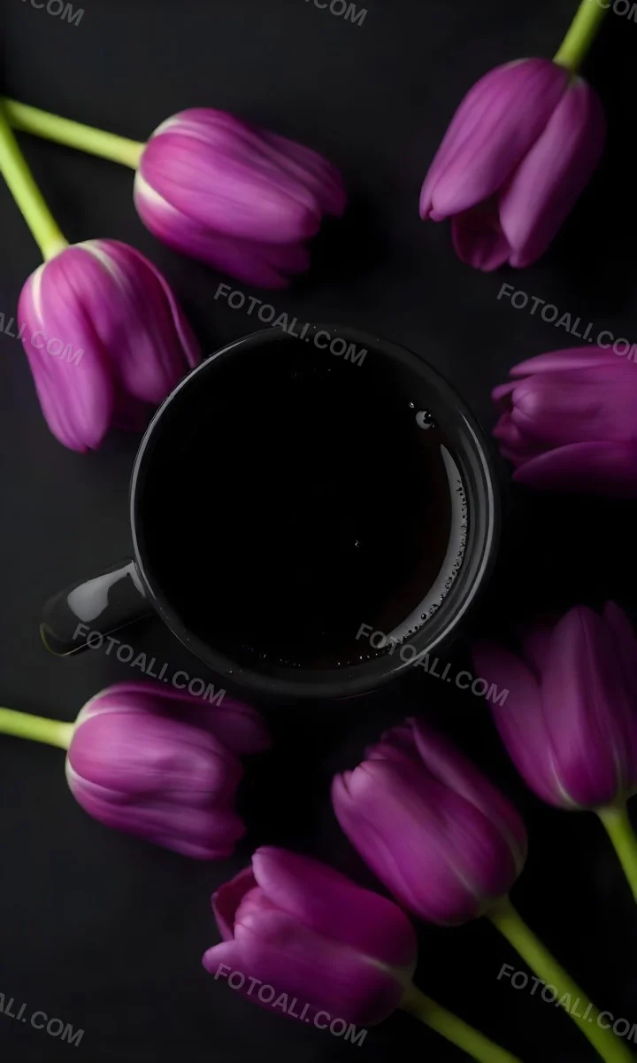A Black Cup Of Black Coffee Surrounded By Purple Tulips On A Black Background 7 Fd28