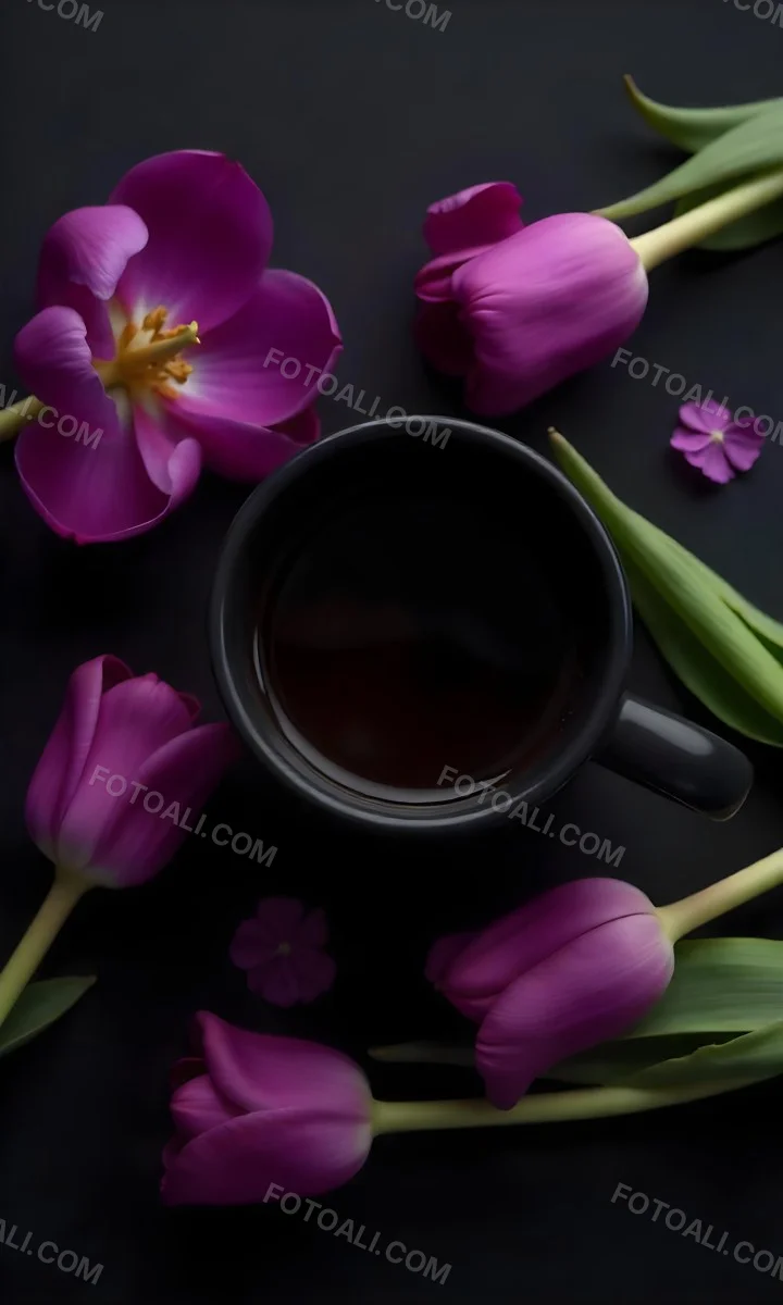 A Black Cup Of Black Coffee Surrounded By Purple Tulips On A Black Background 9 Fce6
