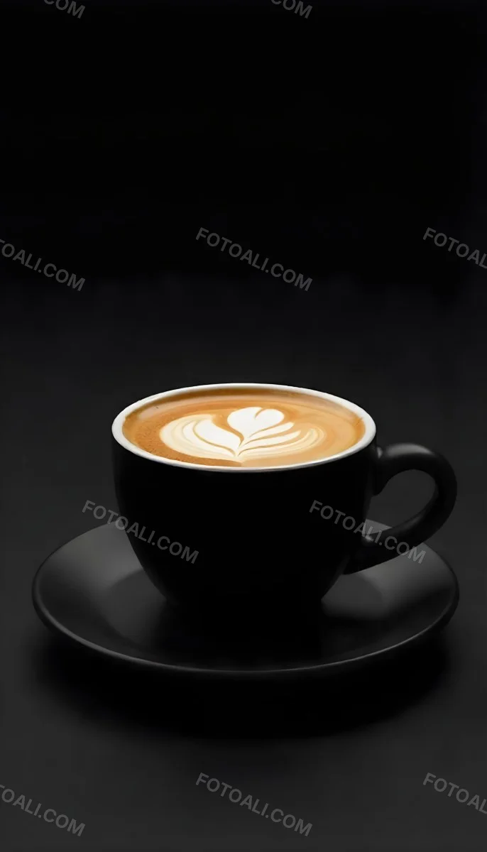 A Black Cup Of Coffee With Foam On A Black Plate Dark Background 14 914a