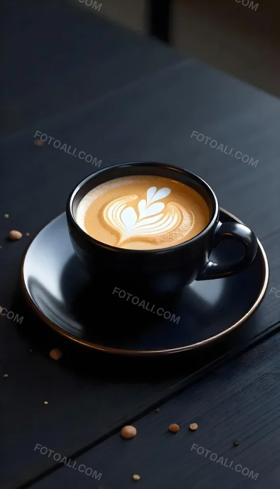 A Black Cup Of Coffee With Foam On A Black Plate On A Black Table 13 F5d1