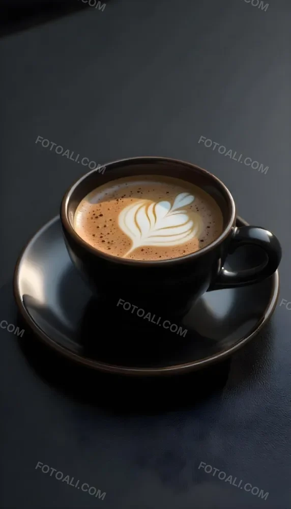 A Black Cup Of Coffee With Foam On A Black Plate On A Black Table 15 03f5