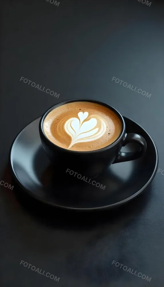 A Black Cup Of Coffee With Foam On A Black Plate On A Black Table 16 D959