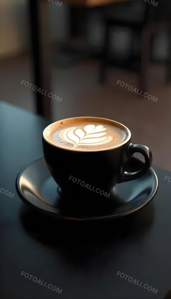 A Black Cup Of Coffee With Foam On A Black Plate On A Black Table 2 0e35