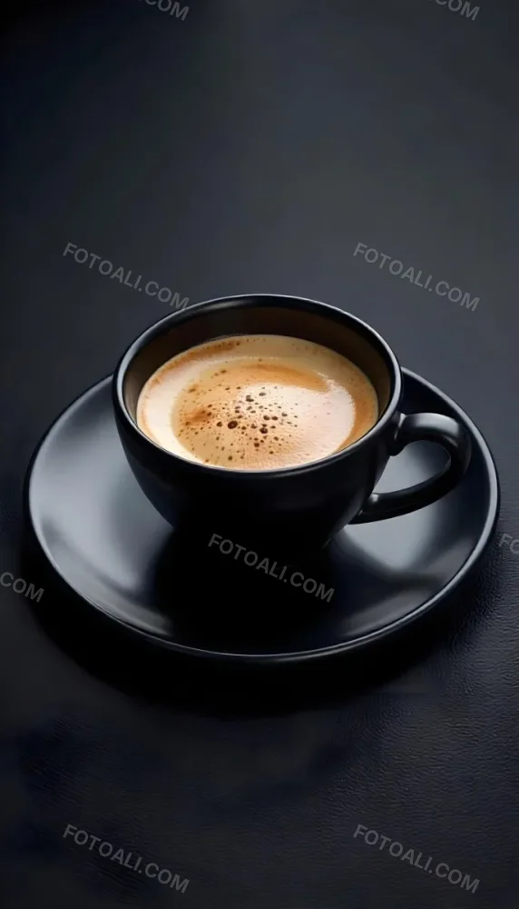 A Black Cup Of Coffee With Foam On A Black Plate On A Black Table 23 E4b6