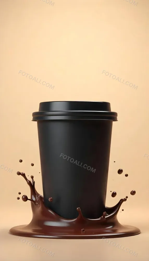 A Black Disposable Coffee Cup With A Black Lid Coffee Splashing Out Of The Bottom On A Black Background 10 56c8