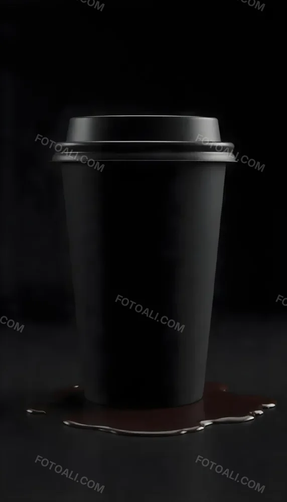 A Black Disposable Coffee Cup With A Black Lid Coffee Splashing Out Of The Bottom On A Black Background 19 1b8e