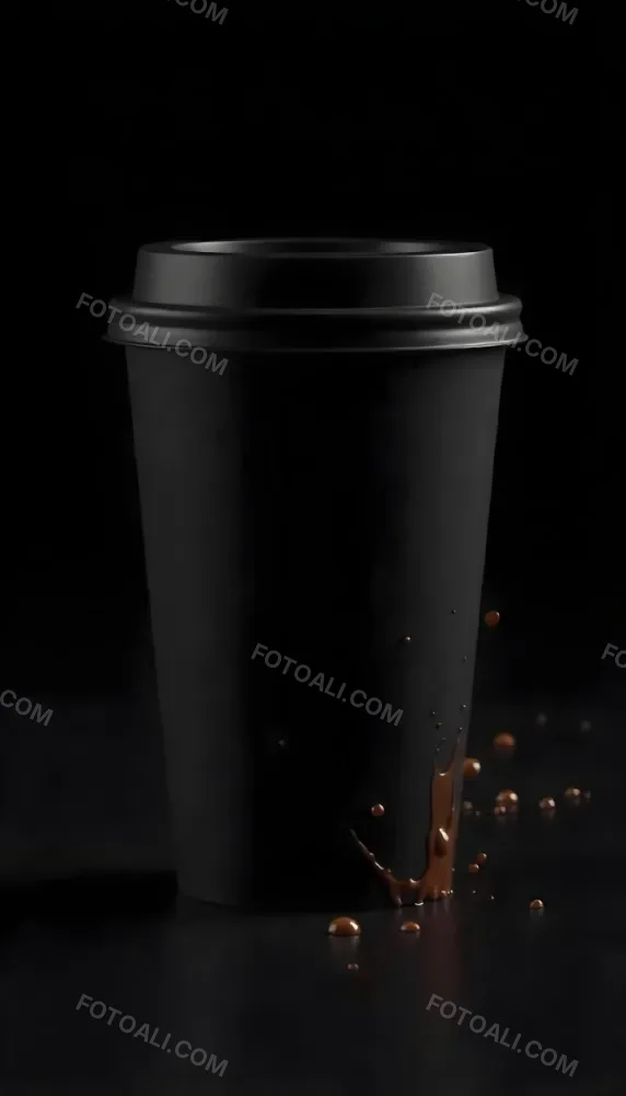 A Black Disposable Coffee Cup With A Black Lid Coffee Splashing Out Of The Bottom On A Black Background 2 560f