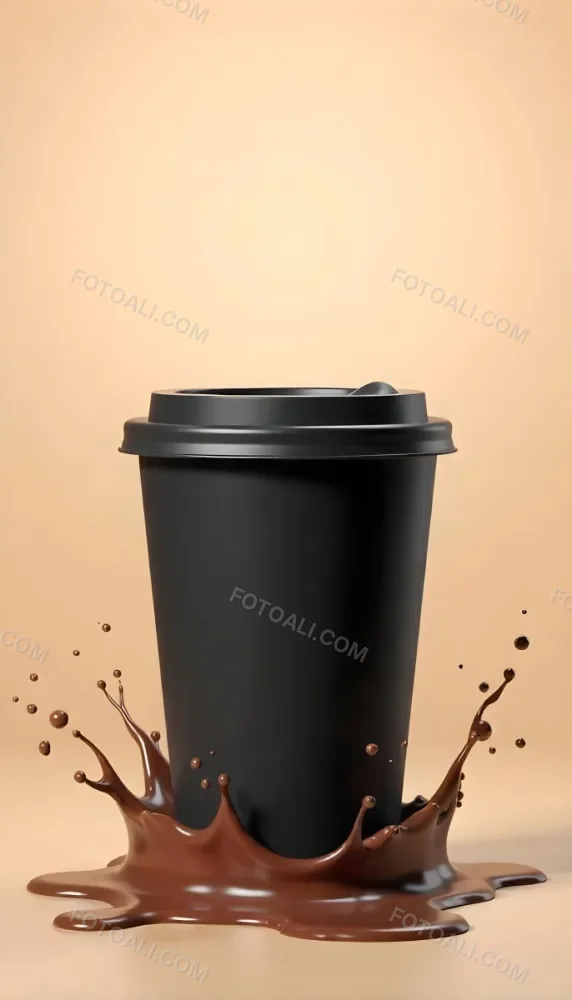A Black Disposable Coffee Cup With A Black Lid Coffee Splashing Out Of The Bottom On A Black Background 32 C569
