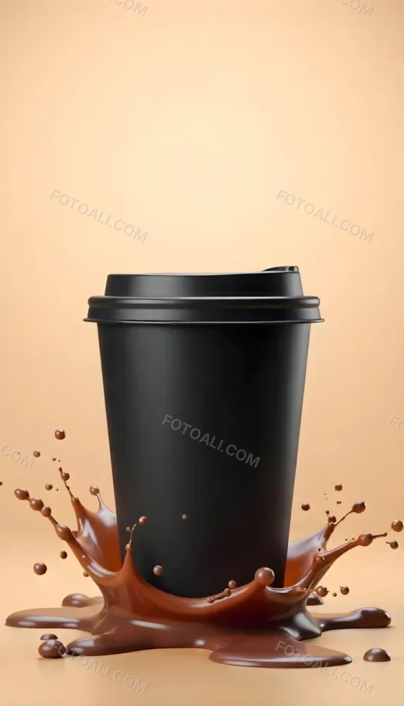A Black Disposable Coffee Cup With A Black Lid Coffee Splashing Out Of The Bottom On A Black Background 34 A865