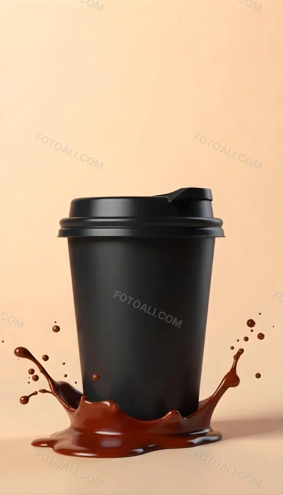 A Black Disposable Coffee Cup With A Black Lid Coffee Splashing Out Of The Bottom On A Black Background 35 9e0c