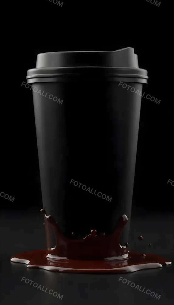 A Black Disposable Coffee Cup With A Black Lid Coffee Splashing Out Of The Bottom On A Black Background 5 Bca2