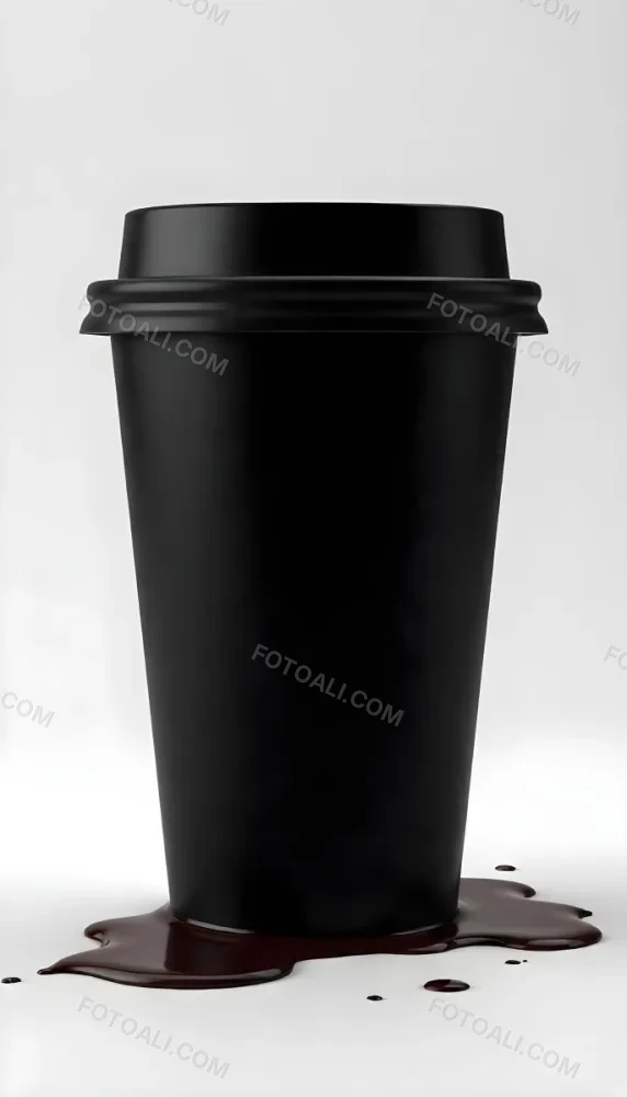 A Black Disposable Coffee Cup With A Black Lid Coffee Splashing Out Of The Bottom On A Black Background 6 8942