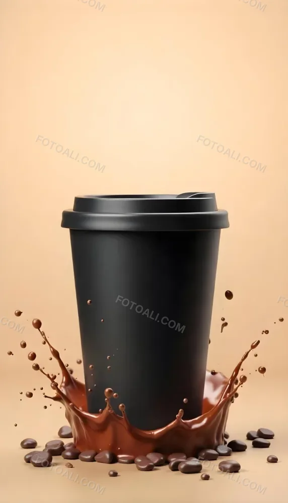 A Black Disposable Coffee Cup With A Black Lid Coffee Splashing Out Of The Bottom On A Black Background 9 67f1