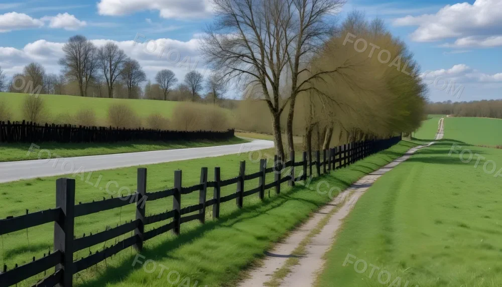 A Black Fence On A Green Field With A Road In The Background Trees Without Leaves Blue Sky With Some Clouds Sunny Day In The Countryside 11 30dd