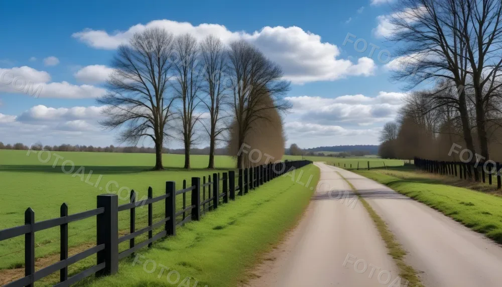 A Black Fence On A Green Field With A Road In The Background Trees Without Leaves Blue Sky With Some Clouds Sunny Day In The Countryside 12 Eab8