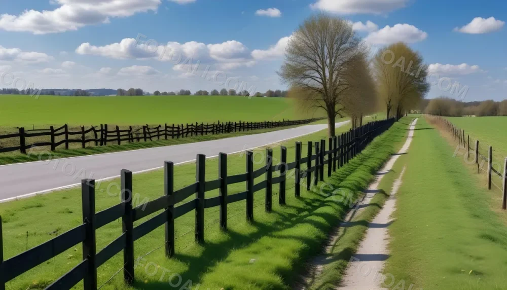 A Black Fence On A Green Field With A Road In The Background Trees Without Leaves Blue Sky With Some Clouds Sunny Day In The Countryside 16 256c