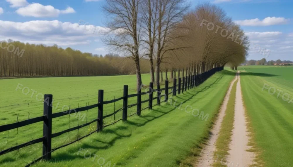 A Black Fence On A Green Field With A Road In The Background Trees Without Leaves Blue Sky With Some Clouds Sunny Day In The Countryside 19 A606