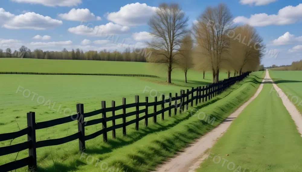 A Black Fence On A Green Field With A Road In The Background Trees Without Leaves Blue Sky With Some Clouds Sunny Day In The Countryside 2 5678