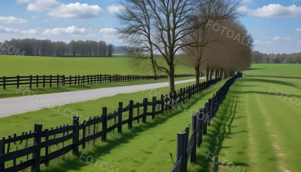 A Black Fence On A Green Field With A Road In The Background Trees Without Leaves Blue Sky With Some Clouds Sunny Day In The Countryside 20 29e7