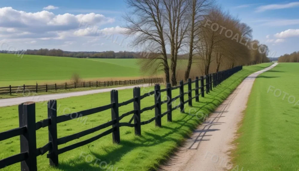 A Black Fence On A Green Field With A Road In The Background Trees Without Leaves Blue Sky With Some Clouds Sunny Day In The Countryside 21 F9c4