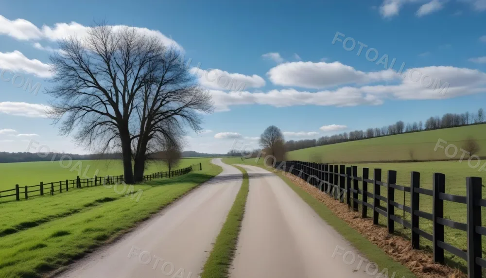 A Black Fence On A Green Field With A Road In The Background Trees Without Leaves Blue Sky With Some Clouds Sunny Day In The Countryside 23 F634