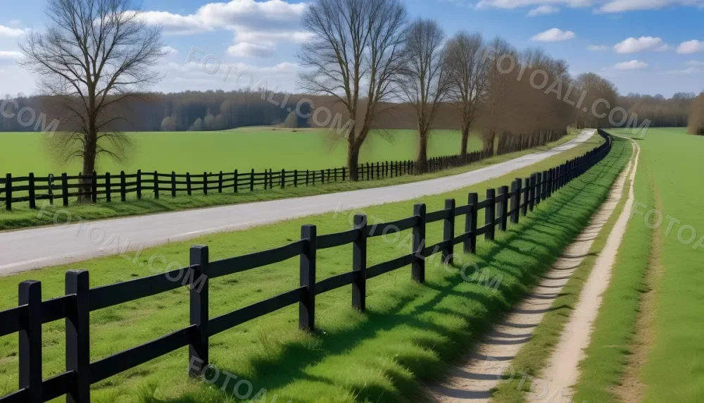 A Black Fence On A Green Field With A Road In The Background Trees Without Leaves Blue Sky With Some Clouds Sunny Day In The Countryside 3 46d7