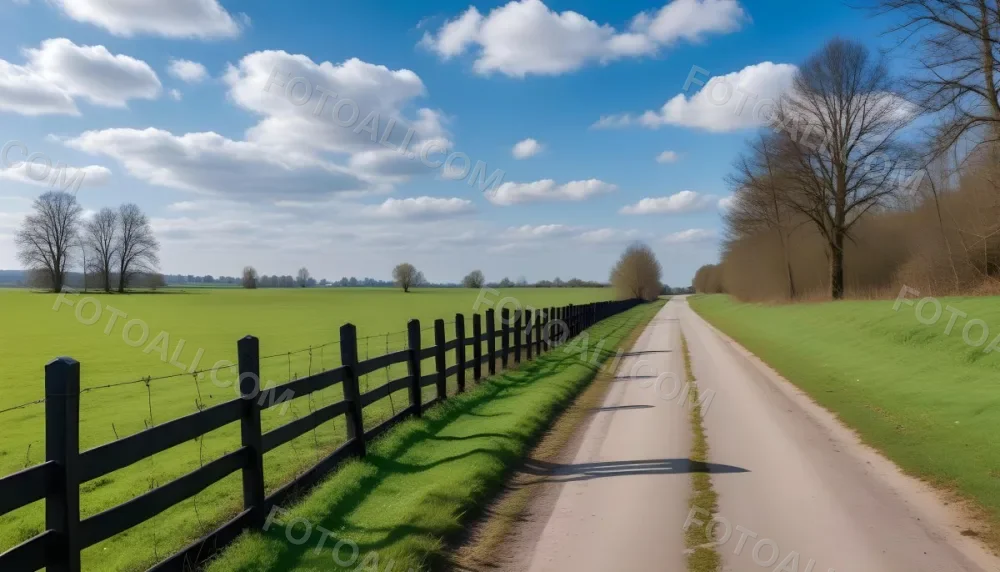 A Black Fence On A Green Field With A Road In The Background Trees Without Leaves Blue Sky With Some Clouds Sunny Day In The Countryside 4 Bf4c
