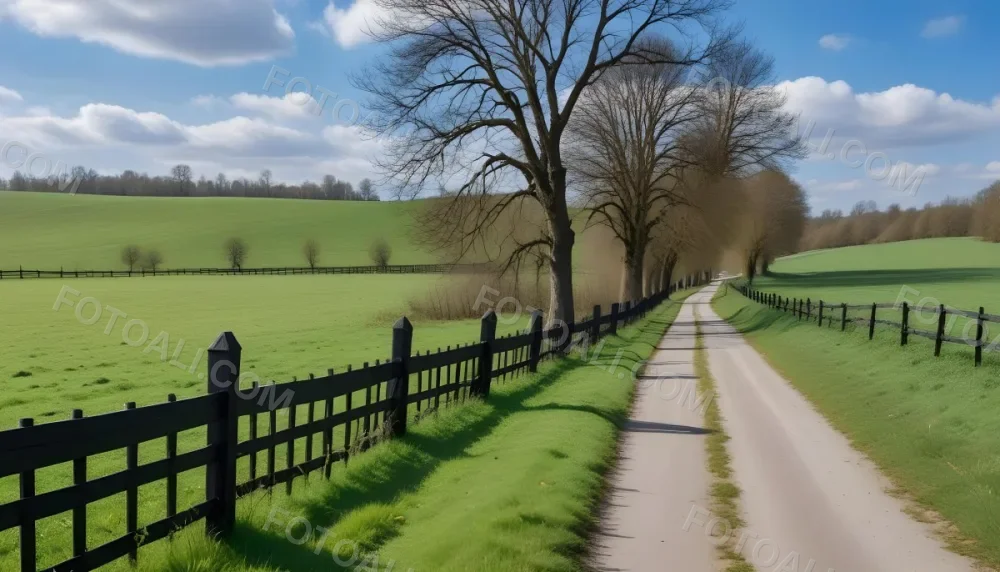 A Black Fence On A Green Field With A Road In The Background Trees Without Leaves Blue Sky With Some Clouds Sunny Day In The Countryside 8 A691