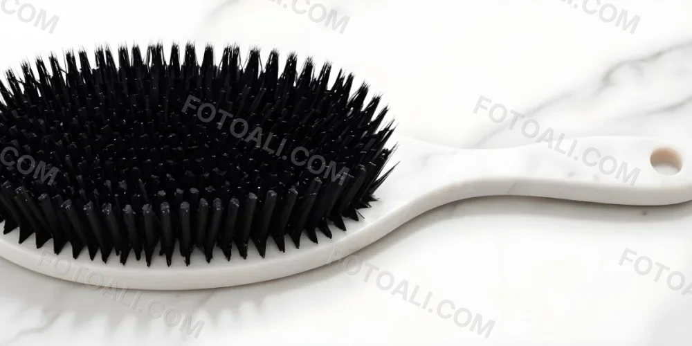 A Black Hair Brush With White Bristles Placed On A Marble Countertop 2 2b09