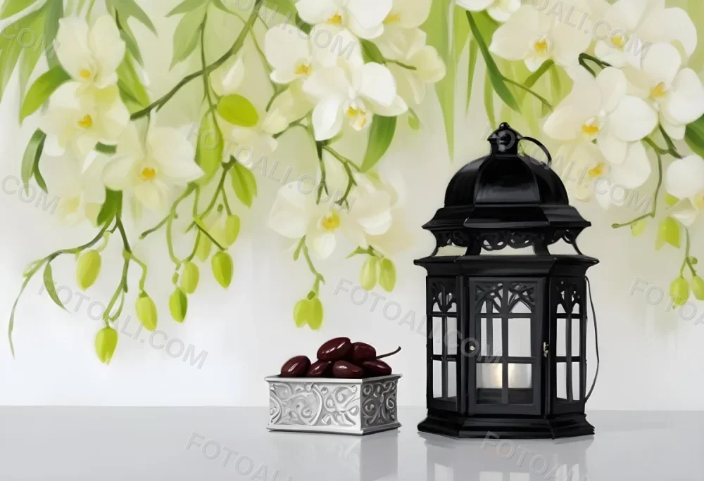 A Black Lantern And A Silver Box With Dates On A White Table White Orchids With Green Stems In The Background 1 89db