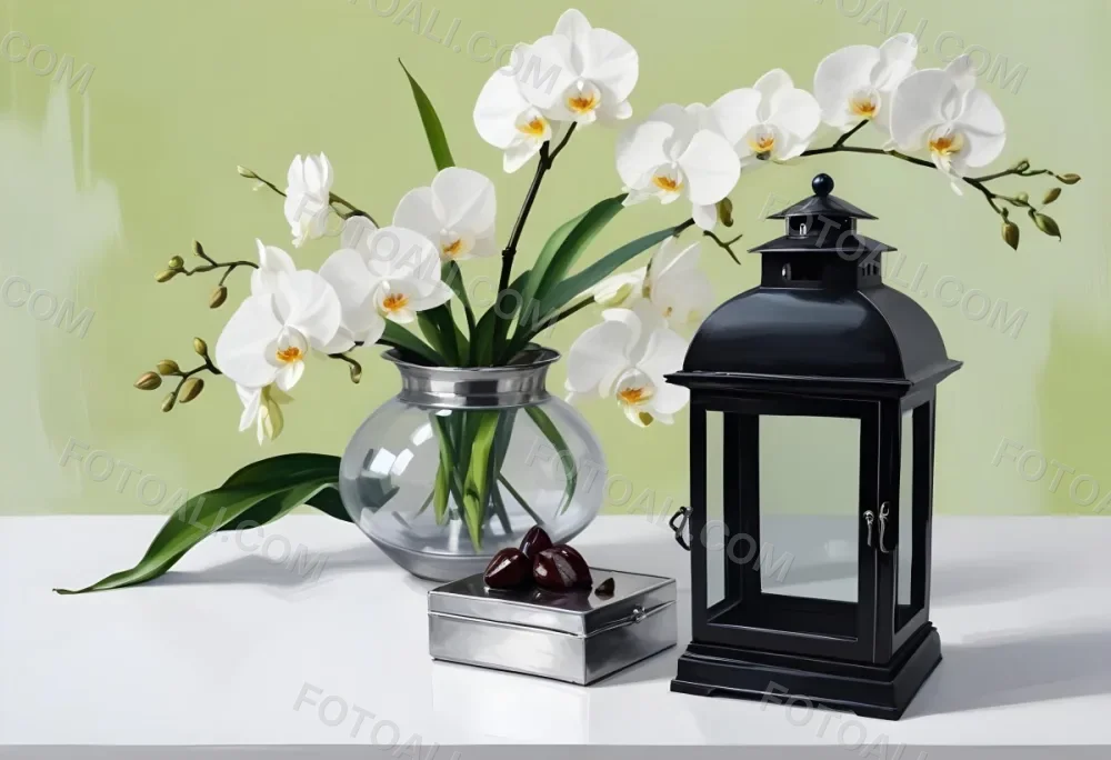 A Black Lantern And A Silver Box With Dates On A White Table White Orchids With Green Stems In The Background 10 7038